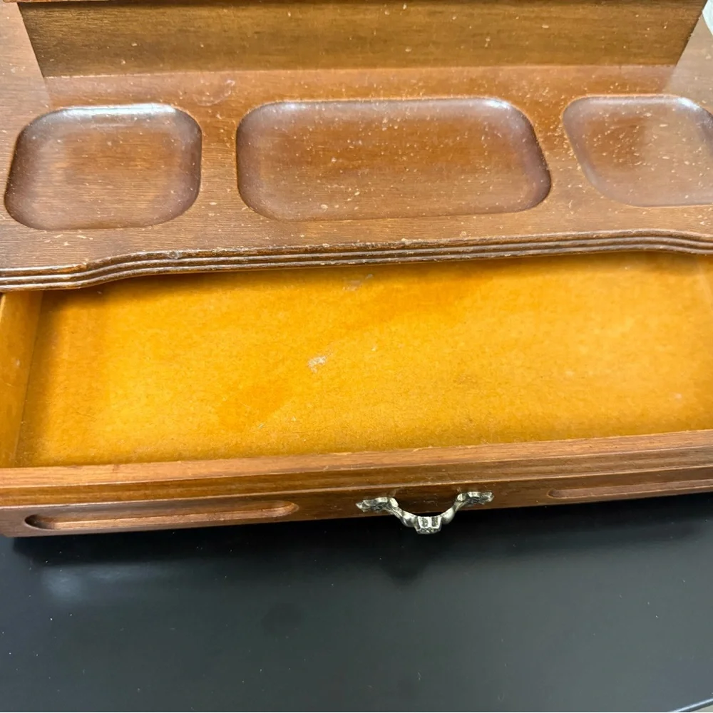 VTG Wood Dresser Valet Box w Drawer Jewelry Change Tie Clips Keys Rings Necklace